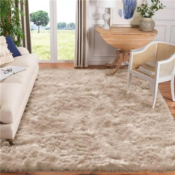 Area Rugs 8x10 Living Room Rugs Light Brown BeigeRug Washable FauxFur Rug Fluffy - Picture 1 of 7